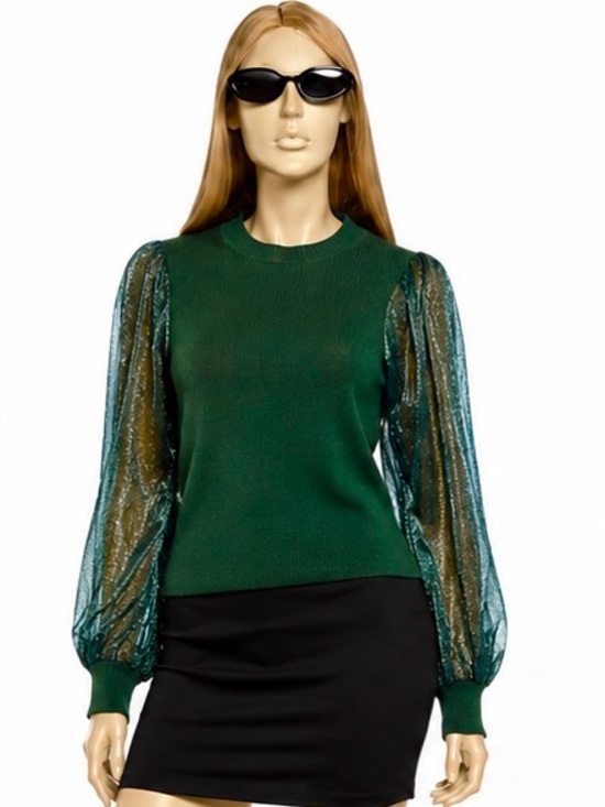 Tuckernuck Tops - Tuckernuck Betsy Blouse –Green Knit with Sheer Balloon Sleeves – Size M